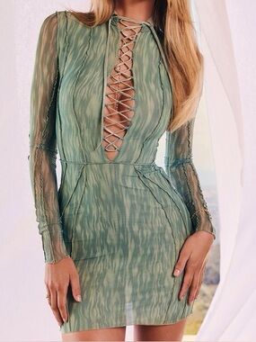 House of CB Dylan Mini Dress Long Sleeve Mesh Green Size XS